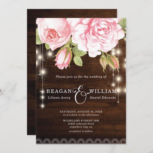 Rustikale Holz-Rose-Streichellichter Hochzeit Einladung (Vorne/Hinten)