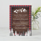 Rustikale Holz-Rot-Buffalo-Karo-Berghochzeit Save The Date (Stehend Vorderseite)