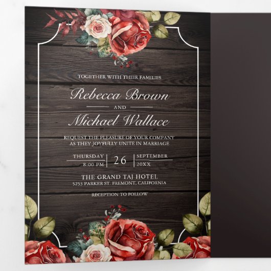 Rustikale Holz-Rote Rosen Blumenrahmen QR Code Hoc Dreifach Gefaltete Einladung (Innen Erste Seite)