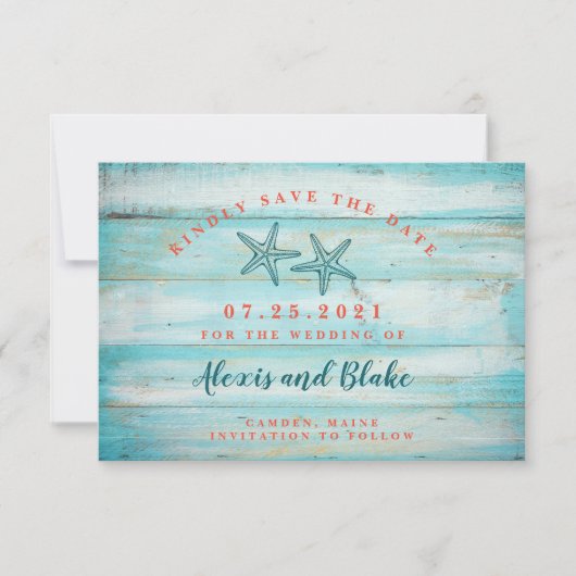 Rustikale Holz-Save-the-Date-Karte mit Seestern Save The Date (Vorderseite)