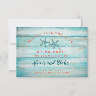 Rustikale Holz-Save-the-Date-Karte mit Seesternen Save The Date