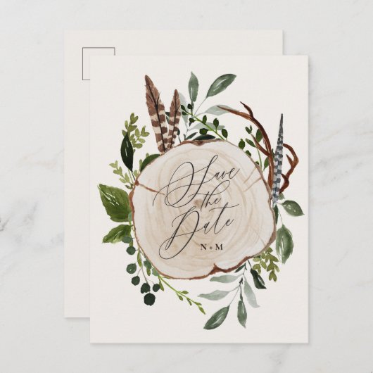 Rustikale Holz Scheiben Hochzeit speichern das Dat Ankündigungspostkarte (Vorne/Hinten)