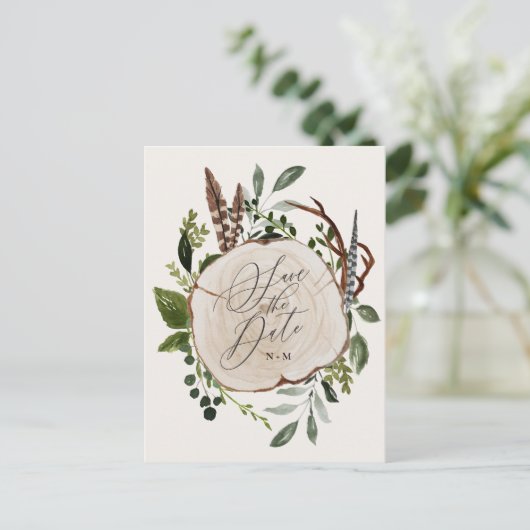 Rustikale Holz Scheiben Hochzeit speichern das Dat Ankündigungspostkarte (Stehend Vorderseite)