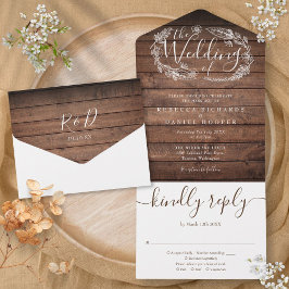 Rustikale Holz-Schrift-Monogramm-Floral-Hochzeit All In One Einladung