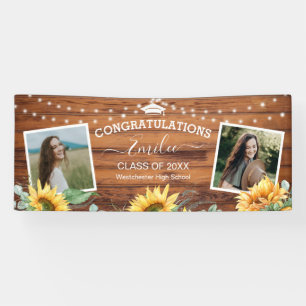 Rustikale Holz-Sonnenblume Zwei-Fotos-Abschlussfei Banner
