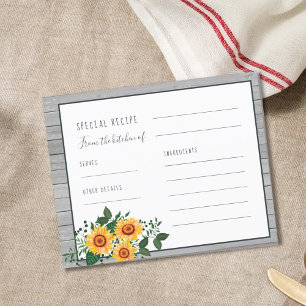 Rustikale Holz-Sonnenblumen-Brautparty-Rezeptkarte