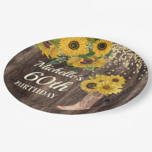 Rustikale Holz-Sonnenblumen-Cowboystiefel 60. Gebu Pappteller