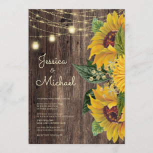 Rustikale Holz-Sonnenblumen-Lichterkette Hochzeit Einladung