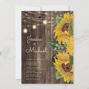 Rustikale Holz-Sonnenblumen-Lichterkette Hochzeit Einladung
