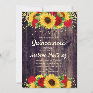 Rustikale Holz-Sonnenblumen rote Rosen Quinceañera Einladung