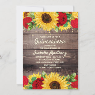 Rustikale Holz-Sonnenblumen rote Rosen Quinceañera Einladung