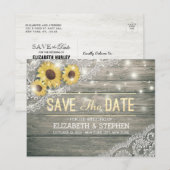 Rustikale Holz Sonnenblumen Spitzen Hochzeit rette Ankündigungspostkarte (Vorne/Hinten)