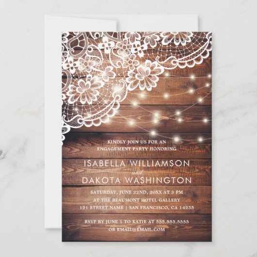 Rustikale Holz-Spitzen- und Streichlichtauftritte Einladung (Vorderseite)