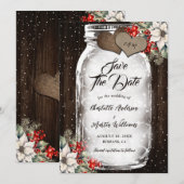 Rustikale Holz-Stechpalmen-Beeren-Mason-Glas-Winte Save The Date (Vorne/Hinten)