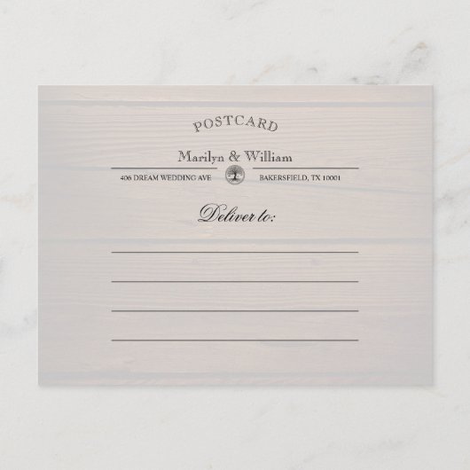 Rustikale Holz-String-Lichter Hochzeit speichern d Ankündigungspostkarte (Rückseite)