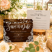 Rustikale Holz-String-Lichter Hochzeit speichern d Ankündigungspostkarte