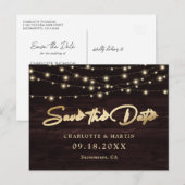 Rustikale Holz-String-Lichter Hochzeit speichern d Ankündigungspostkarte (Vorne/Hinten)