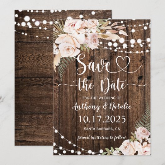 Rustikale Holz-String-Lichter Hochzeit speichern d Einladung (Vorne/Hinten)