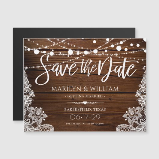 Rustikale Holz-String-Lichter Hochzeit speichern d Magnetkarte (Vorne/Hinten)