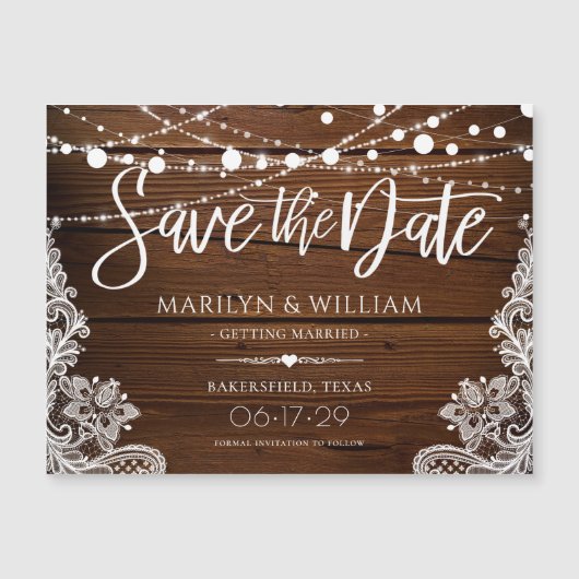 Rustikale Holz-String-Lichter Hochzeit speichern d Magnetkarte (Vorderseite)