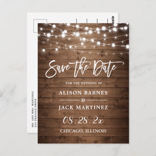 Rustikale Holz-String-Lichter Hochzeit speichern d Postkarte (Vorne/Hinten)