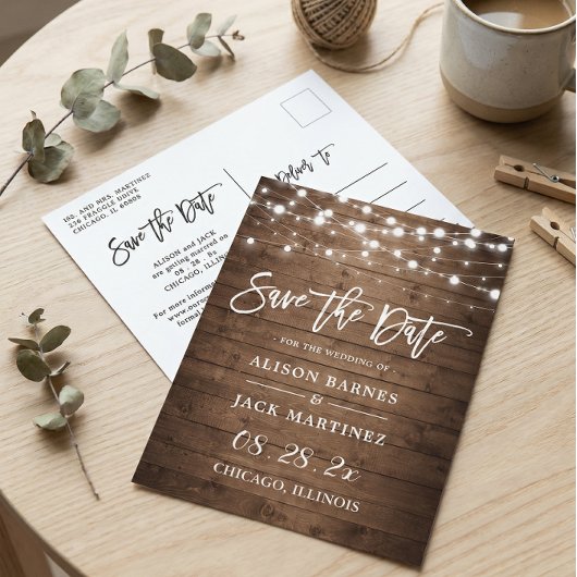 Rustikale Holz-String-Lichter Hochzeit speichern d Postkarte