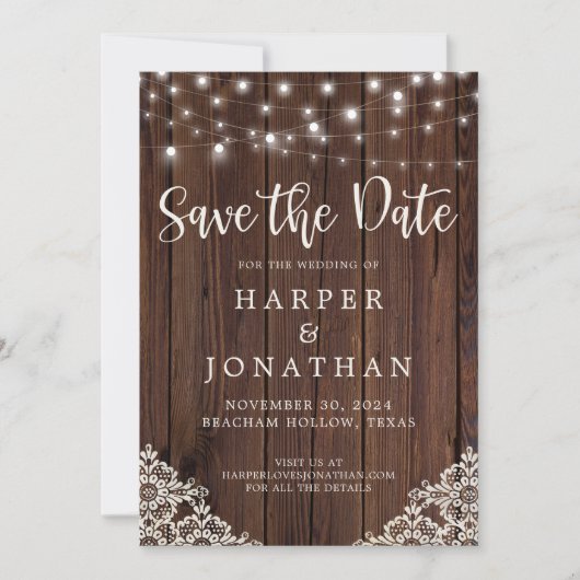 Rustikale Holz-String-Lichter Hochzeit speichern d Save The Date (Vorderseite)