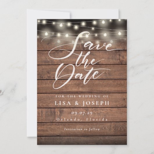 Rustikale Holz-String-Lichter Hochzeit speichern d Save The Date (Vorderseite)