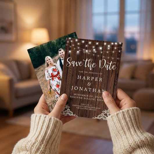 Rustikale Holz-String-Lichter Hochzeit speichern d Save The Date