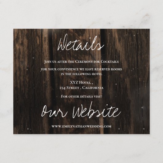 Rustikale Holz-String-Lichter Land Hochzeiten Deta Begleitkarte (Rückseite)