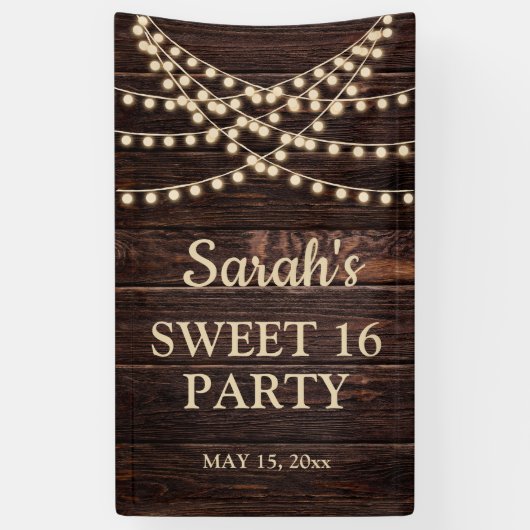Rustikale Holz-String-Lichter Sweet 16 Name Datum Banner (Vertikal)