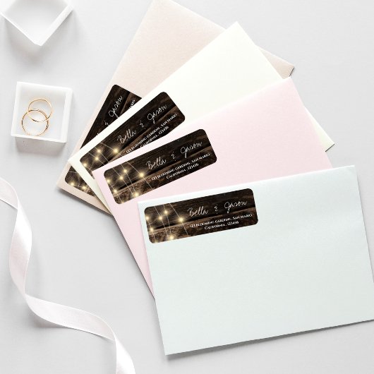 Rustikale Holz-String-Lights Hochzeit Rücksendeadr