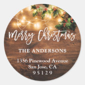 Rustikale Holz String Lights Holiday Rücksendeadre Runder Aufkleber (Vorderseite)