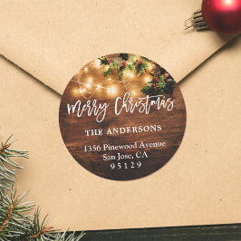 Rustikale Holz String Lights Holiday Rücksendeadre Runder Aufkleber