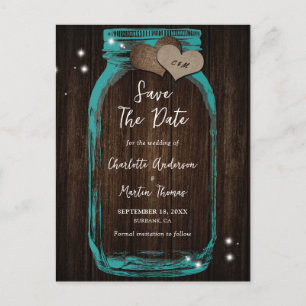 Rustikale Holz Teal Mason Jar Hochzeit Termin vorm Ankündigungspostkarte