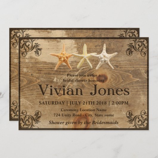 Rustikale Holz-u. Starfish-Brautparty-Einladung Einladung (Vorne/Hinten)