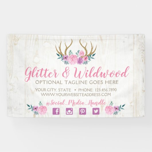 Rustikale Holz- und Aquarellblumen-Antler Boutique Banner (Horizontal)