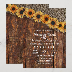 Rustikale Holz- und Jute-Sonnenblumen-Hochzeitsein Einladung
