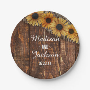 Rustikale Holz- und Jute-Sonnenblumen-Hochzeitsmon Pappteller