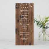Rustikale Holz- und Lichterketten-Hochzeitsprogram Programm (Stehend Vorderseite)