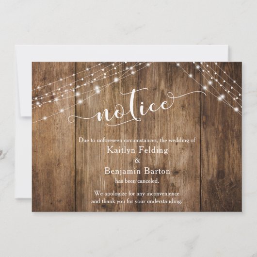 Rustikale Holz- und Lichtkarte storniert Einladung (Vorderseite)