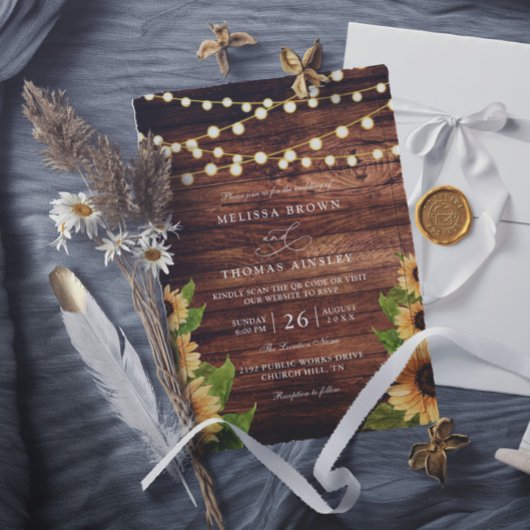 Rustikale Holz- und Sonnenblumen-elegante QR-Code- Einladung