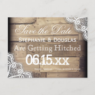 Rustikale Holz- und Spitzen-Save-the-Date-Postkart Ankündigungspostkarte