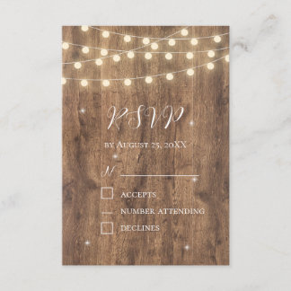 Rustikale Holz- und String-Lights RSVP-Karte | Bar Begleitkarte