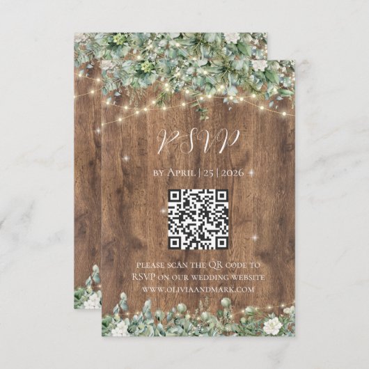 Rustikale Holz- und String-Lights RSVP-Karte | Bar Begleitkarte (Vorne/Hinten)