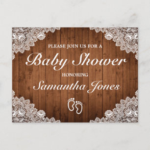 Rustikale Holz- und weiße Spitze Baby Shower Ankündigungspostkarte