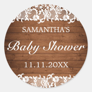 Rustikale Holz- und weiße Spitze Baby Shower Runder Aufkleber