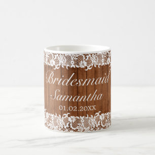 Rustikale Holz- und weiße Spitzen-Brautjungfer-Hoc Kaffeetasse