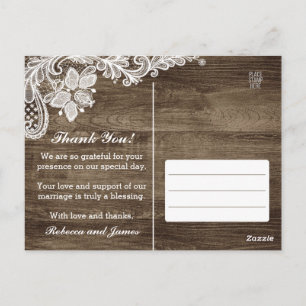 Rustikale Holz- & Vintage-Spitzen-Hochzeits-Dankes Postkarte