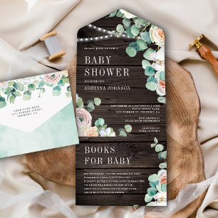 Rustikale Holz-Weiche Rosen Eukalyptus Babyparty All In One Einladung